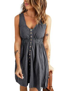 Women's Buttons Grey Spring Clothes Sleeveless Crew neck Mini Flowy Sun Dresses